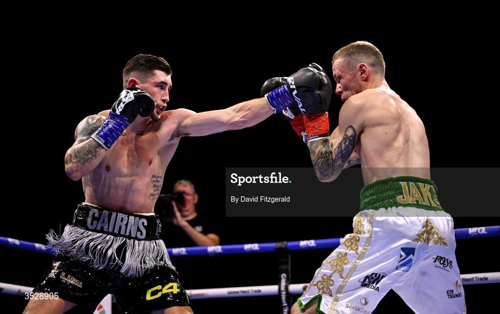 1 August 2026; Steven Cairns, left, in action against Senan Kelly during their super lightweight bout during the Boxing in Dublin event at the 3Arena in Dublin. Photo by David Fitzgerald/Sportsfile