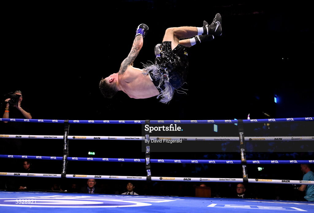 1 August 2026; Steven Cairns celebrates after being declared victorious over Senan Kelly in their super lightweight bout during the Boxing in Dublin event at the 3Arena in Dublin. Photo by David Fitzgerald/Sportsfile