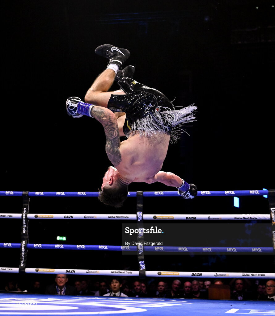 1 August 2026; Steven Cairns celebrates after being declared victorious over Senan Kelly in their super lightweight bout during the Boxing in Dublin event at the 3Arena in Dublin. Photo by David Fitzgerald/Sportsfile