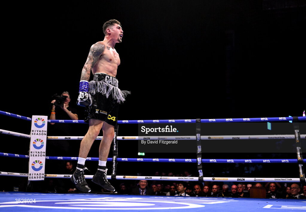 1 August 2026; Steven Cairns celebrates after being declared victorious over Senan Kelly in their super lightweight bout during the Boxing in Dublin event at the 3Arena in Dublin. Photo by David Fitzgerald/Sportsfile