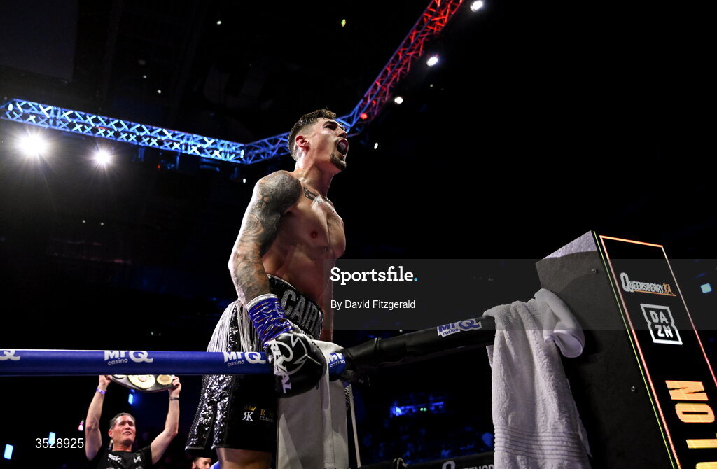 1 August 2026; Steven Cairns celebrates after being declared victorious over Senan Kelly in their super lightweight bout during the Boxing in Dublin event at the 3Arena in Dublin. Photo by David Fitzgerald/Sportsfile