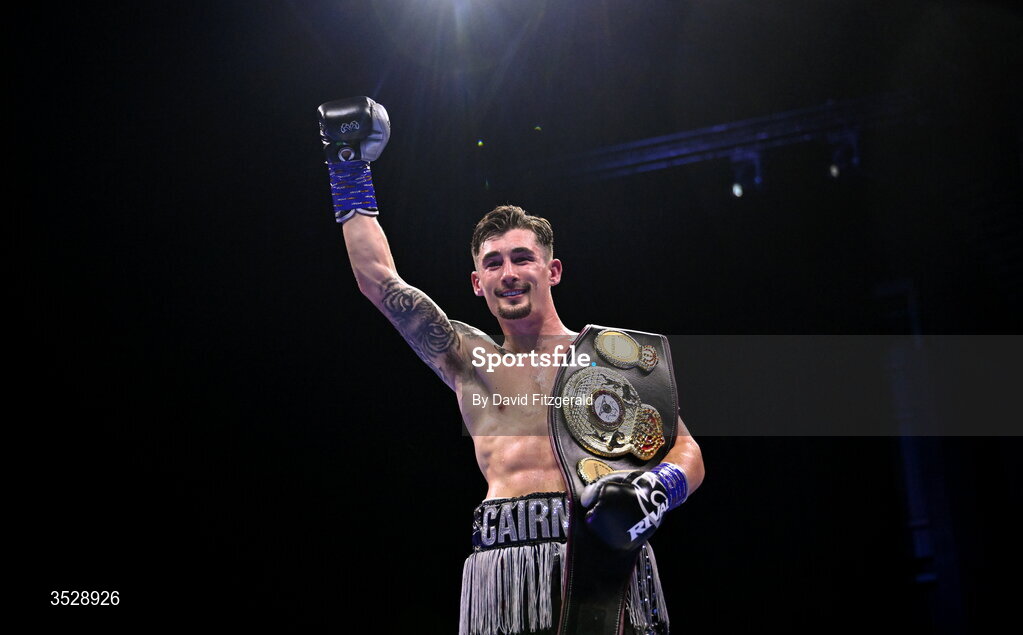 1 August 2026; Steven Cairns celebrates after being declared victorious over Senan Kelly in their super lightweight bout during the Boxing in Dublin event at the 3Arena in Dublin. Photo by David Fitzgerald/Sportsfile
