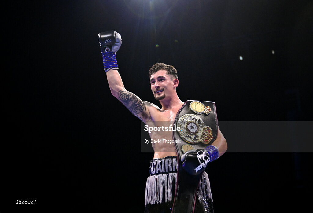 1 August 2026; Steven Cairns celebrates after being declared victorious over Senan Kelly in their super lightweight bout during the Boxing in Dublin event at the 3Arena in Dublin. Photo by David Fitzgerald/Sportsfile