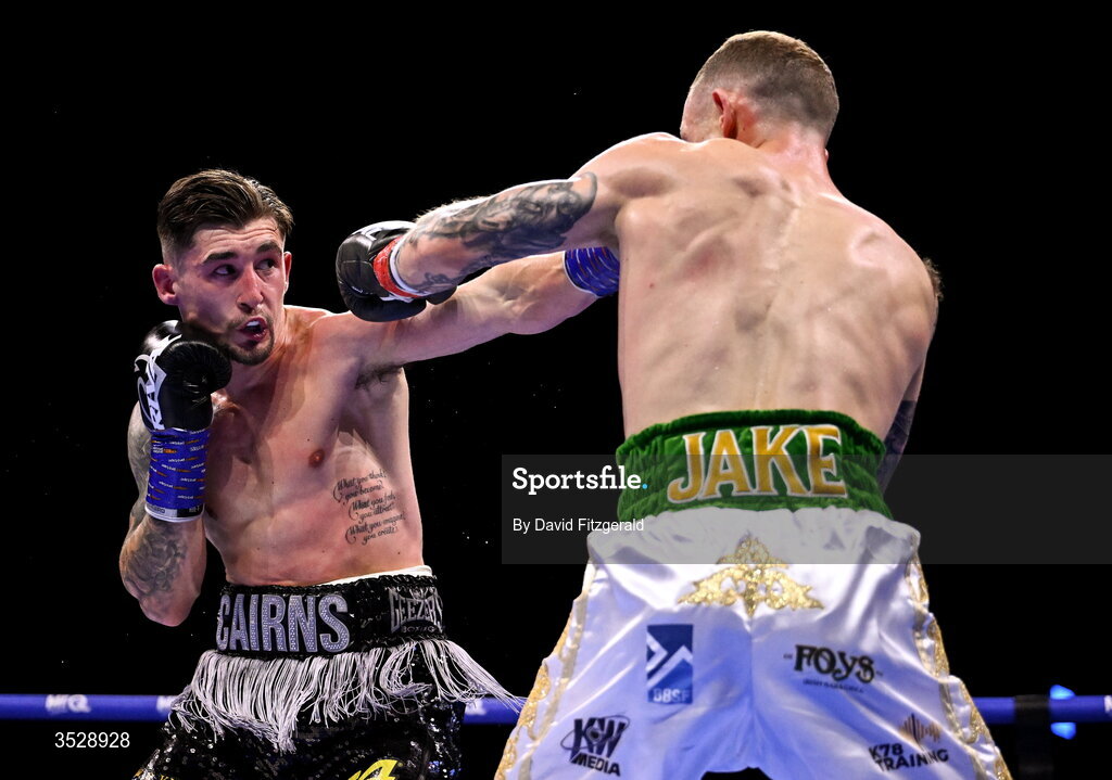 1 August 2026; Steven Cairns, left, in action against Senan Kelly during their super lightweight bout during the Boxing in Dublin event at the 3Arena in Dublin. Photo by David Fitzgerald/Sportsfile