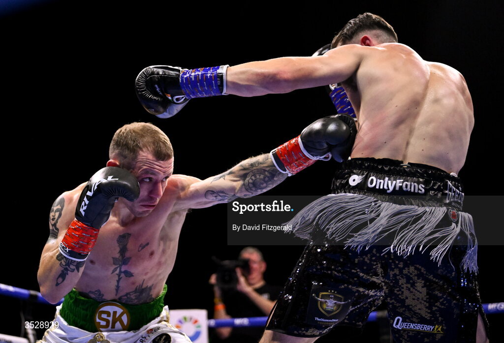 1 August 2026; Senan Kelly, left, in action against Steven Cairns during their super lightweight bout during the Boxing in Dublin event at the 3Arena in Dublin. Photo by David Fitzgerald/Sportsfile