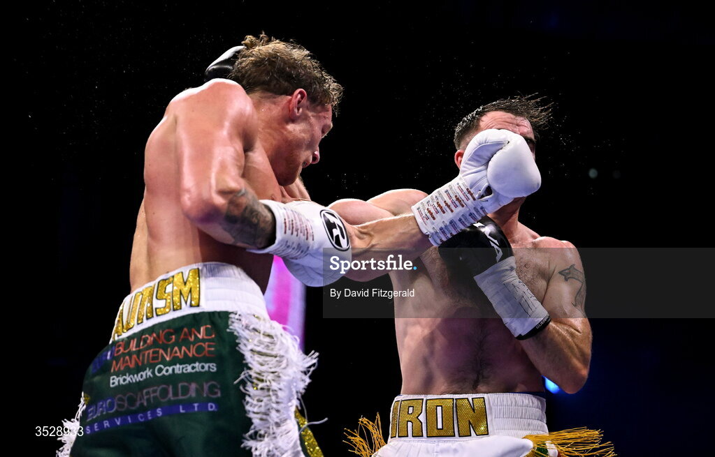 1 August 2026; Craig O'Brien, right, in action against Ben Fail during their super welterweight bout during the Boxing in Dublin event at the 3Arena in Dublin. Photo by David Fitzgerald/Sportsfile