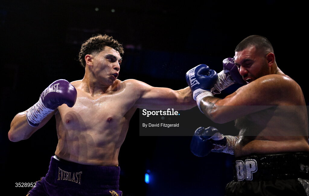1 August 2026; Adam Olaniyan, left, in action against Deepak Pathak during their heavyweight bout during the Boxing in Dublin event at the 3Arena in Dublin. Photo by David Fitzgerald/Sportsfile