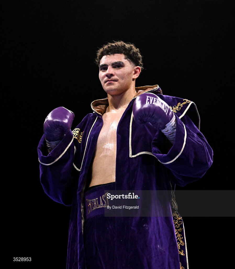 1 August 2026; Adam Olaniyan celebrates after being declared victorious over Deepak Pathak during their heavyweight bout during the Boxing in Dublin event at the 3Arena in Dublin. Photo by David Fitzgerald/Sportsfile