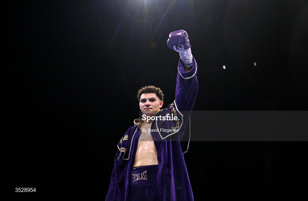 1 August 2026; Adam Olaniyan celebrates after being declared victorious over Deepak Pathak during their heavyweight bout during the Boxing in Dublin event at the 3Arena in Dublin. Photo by David Fitzgerald/Sportsfile