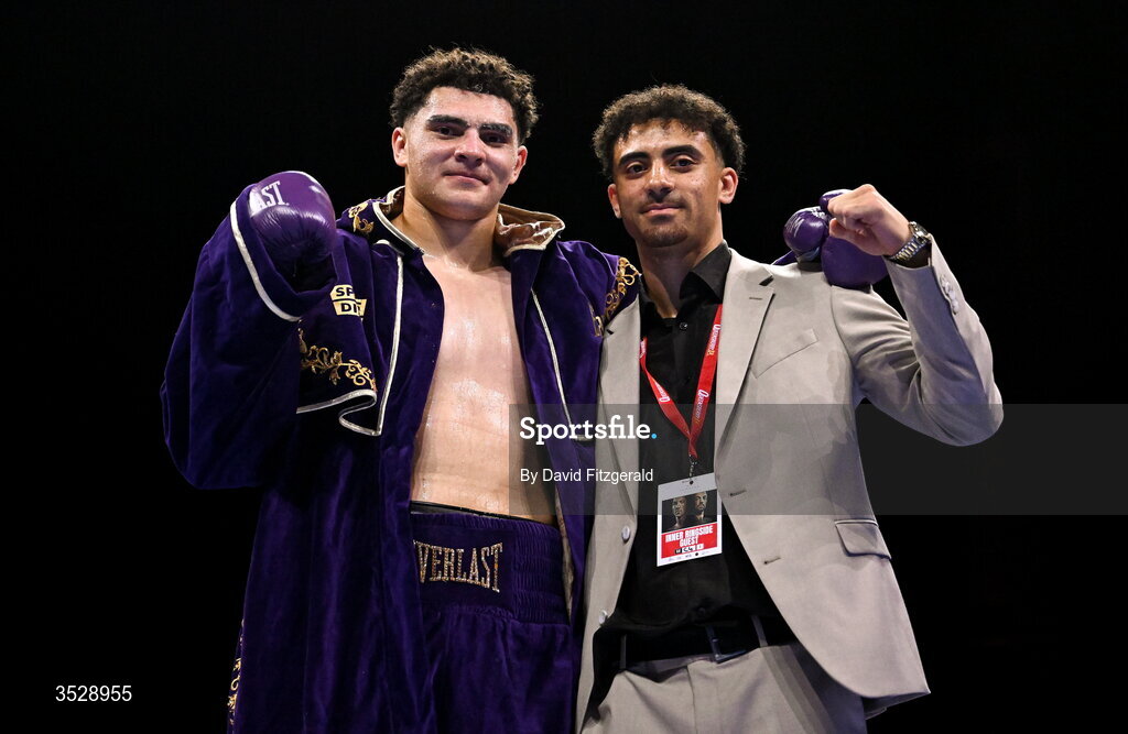 1 August 2026; Adam Olaniyan, left, celebrates with his brother Josh after being declared victorious over Deepak Pathak during their heavyweight bout during the Boxing in Dublin event at the 3Arena in Dublin. Photo by David Fitzgerald/Sportsfile