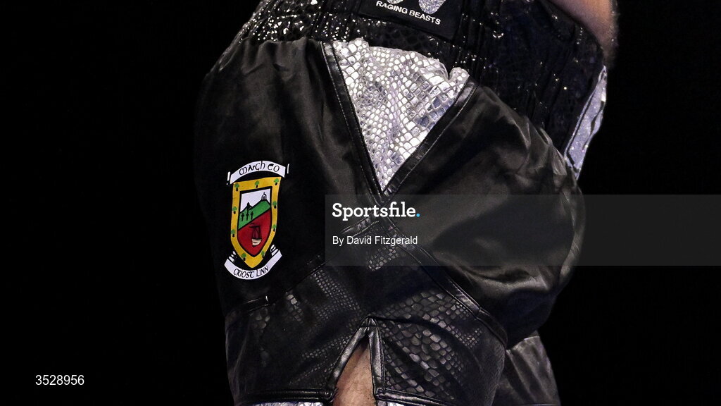 1 August 2026; The Mayo badge is seen on the shorts of Deepak  Pathak during his heavyweight bout against Adam Olaniyan during the Boxing in Dublin event at the 3Arena in Dublin. Photo by David Fitzgerald/Sportsfile