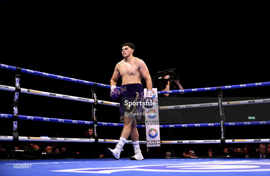 1 August 2026; Adam Olaniyan after being declared victorious over Deepak Pathak during their heavyweight bout during the Boxing in Dublin event at the 3Arena in Dublin. Photo by David Fitzgerald/Sportsfile
