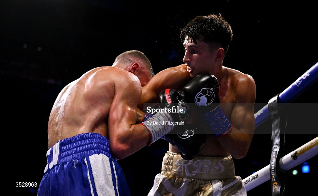 1 August 2026; Royston Barney Smith, right, in action against Reece Bellotti during their IBO Inter-Continental super featherweight title bout during the Boxing in Dublin event at the 3Arena in Dublin. Photo by David Fitzgerald/Sportsfile