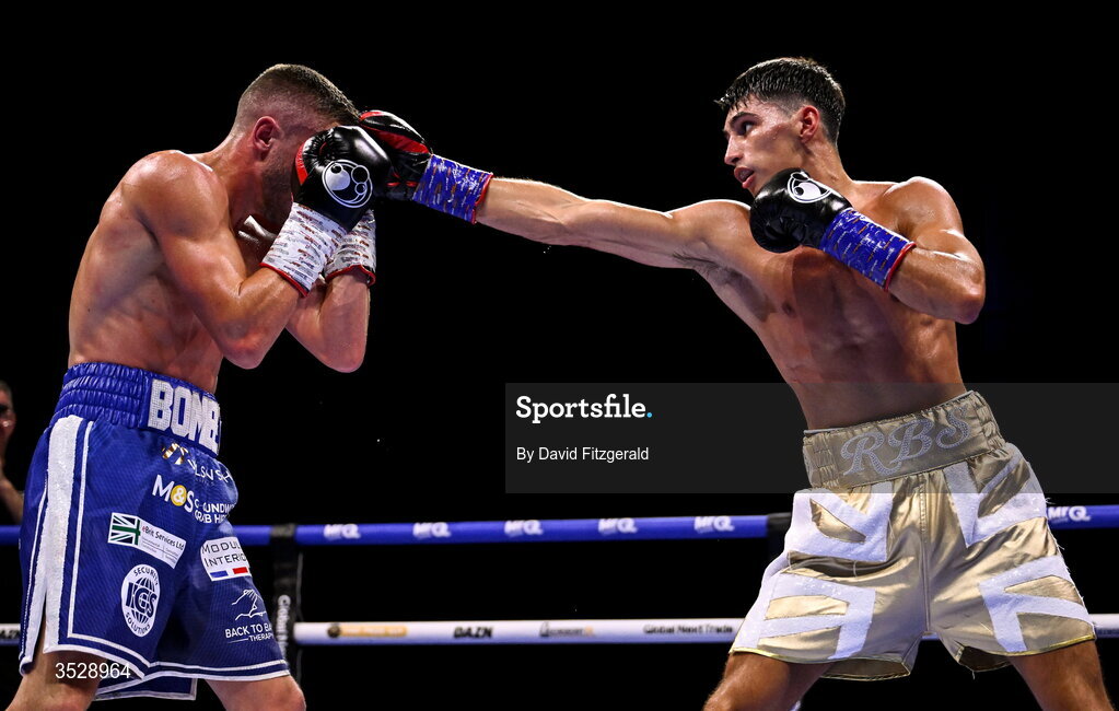 1 August 2026; Royston Barney Smith, right, in action against Reece Bellotti during their IBO Inter-Continental super featherweight title bout during the Boxing in Dublin event at the 3Arena in Dublin. Photo by David Fitzgerald/Sportsfile