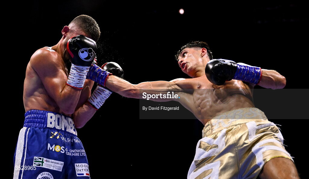1 August 2026; Royston Barney Smith, right, in action against Reece Bellotti during their IBO Inter-Continental super featherweight title bout during the Boxing in Dublin event at the 3Arena in Dublin. Photo by David Fitzgerald/Sportsfile