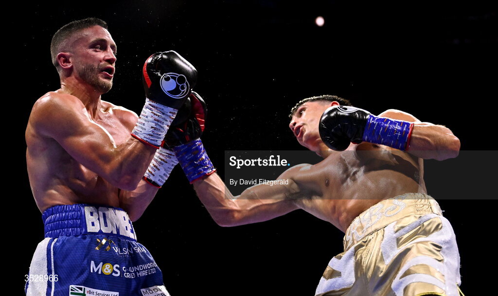 1 August 2026; Royston Barney Smith, right, in action against Reece Bellotti during their IBO Inter-Continental super featherweight title bout during the Boxing in Dublin event at the 3Arena in Dublin. Photo by David Fitzgerald/Sportsfile