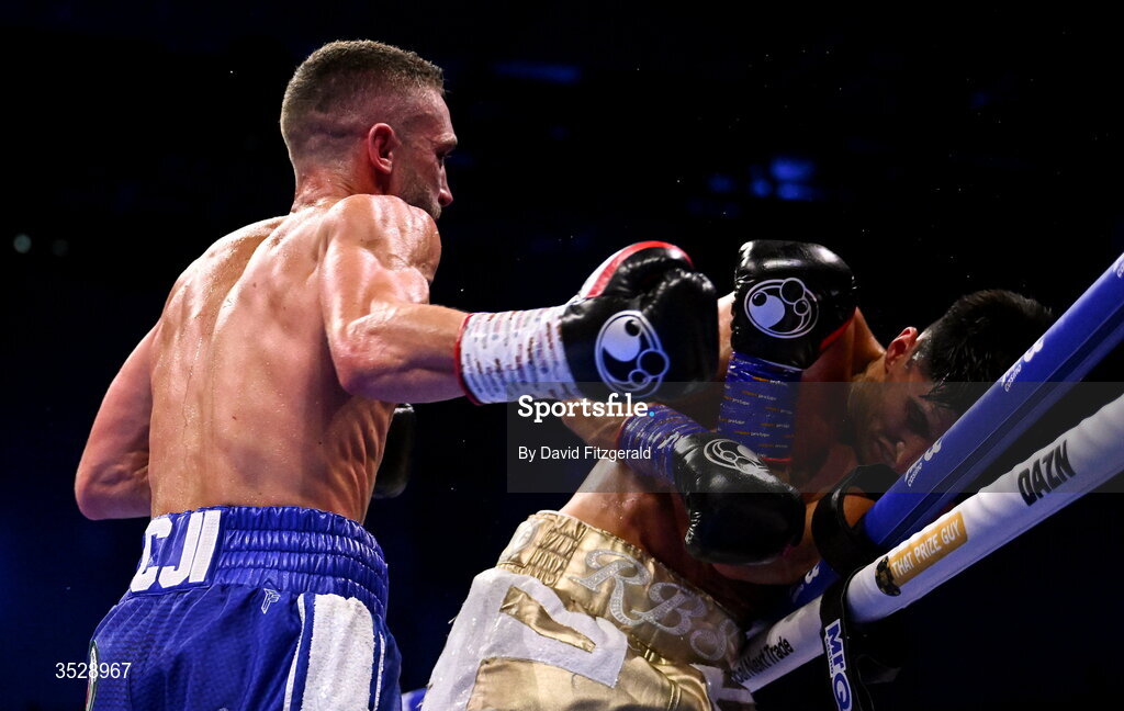 1 August 2026; Royston Barney Smith, right, in action against Reece Bellotti during their IBO Inter-Continental super featherweight title bout during the Boxing in Dublin event at the 3Arena in Dublin. Photo by David Fitzgerald/Sportsfile