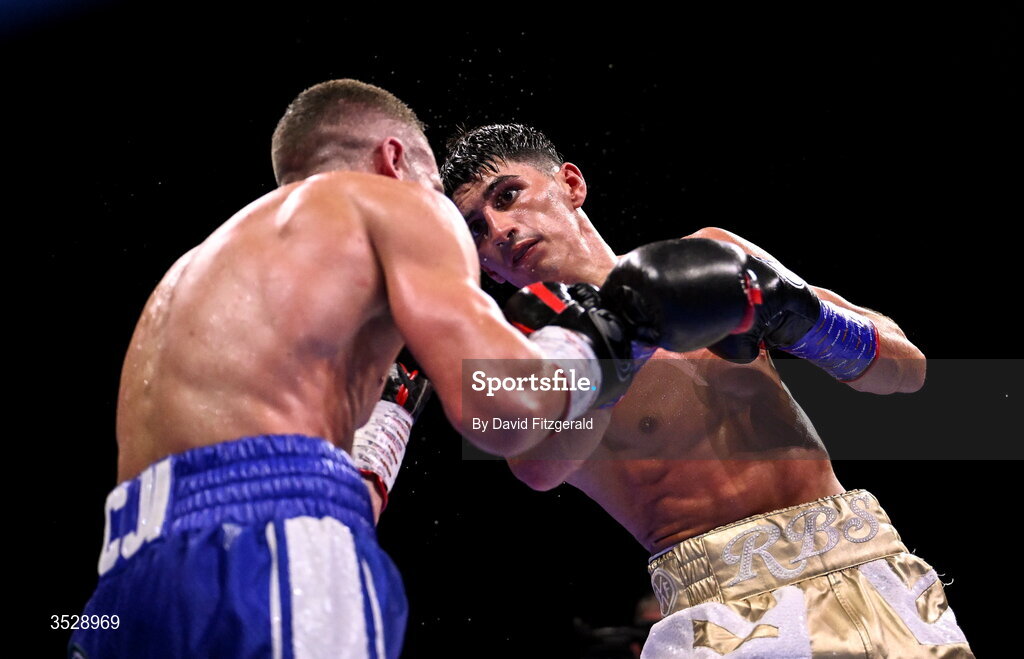 1 August 2026; Royston Barney Smith, right, in action against Reece Bellotti during their IBO Inter-Continental super featherweight title bout during the Boxing in Dublin event at the 3Arena in Dublin. Photo by David Fitzgerald/Sportsfile
