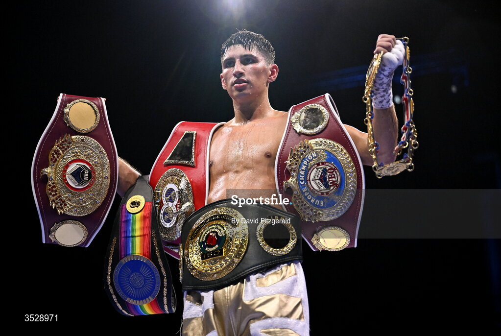 1 August 2026; Royston Barney Smith celebrates after being declared victorious over Reece Bellotti in their IBO Inter-Continental super featherweight title bout during the Boxing in Dublin event at the 3Arena in Dublin. Photo by David Fitzgerald/Sportsfile