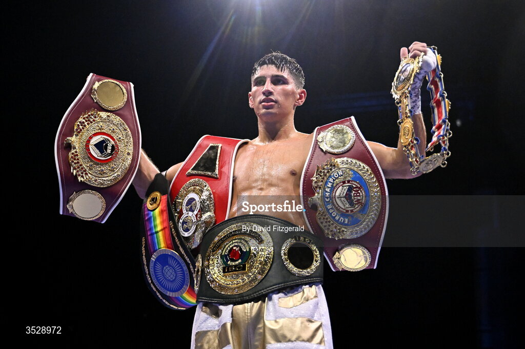 1 August 2026; Royston Barney Smith celebrates after being declared victorious over Reece Bellotti in their IBO Inter-Continental super featherweight title bout during the Boxing in Dublin event at the 3Arena in Dublin. Photo by David Fitzgerald/Sportsfile