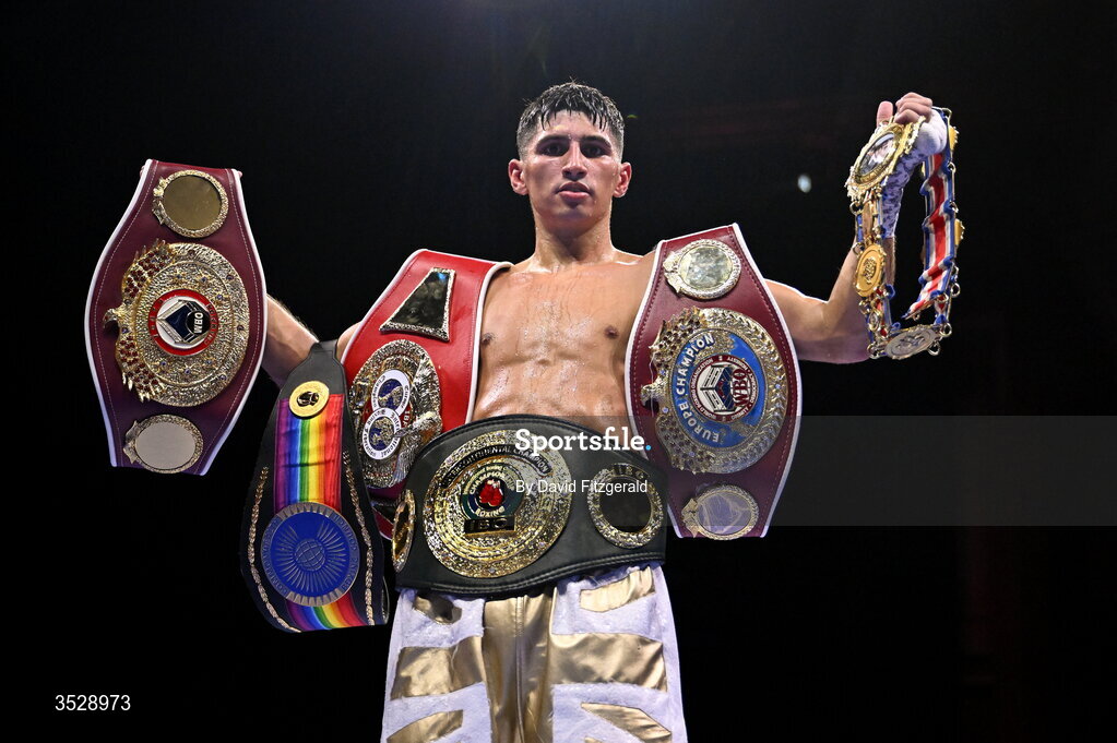 1 August 2026; Royston Barney Smith celebrates after being declared victorious over Reece Bellotti in their IBO Inter-Continental super featherweight title bout during the Boxing in Dublin event at the 3Arena in Dublin. Photo by David Fitzgerald/Sportsfile