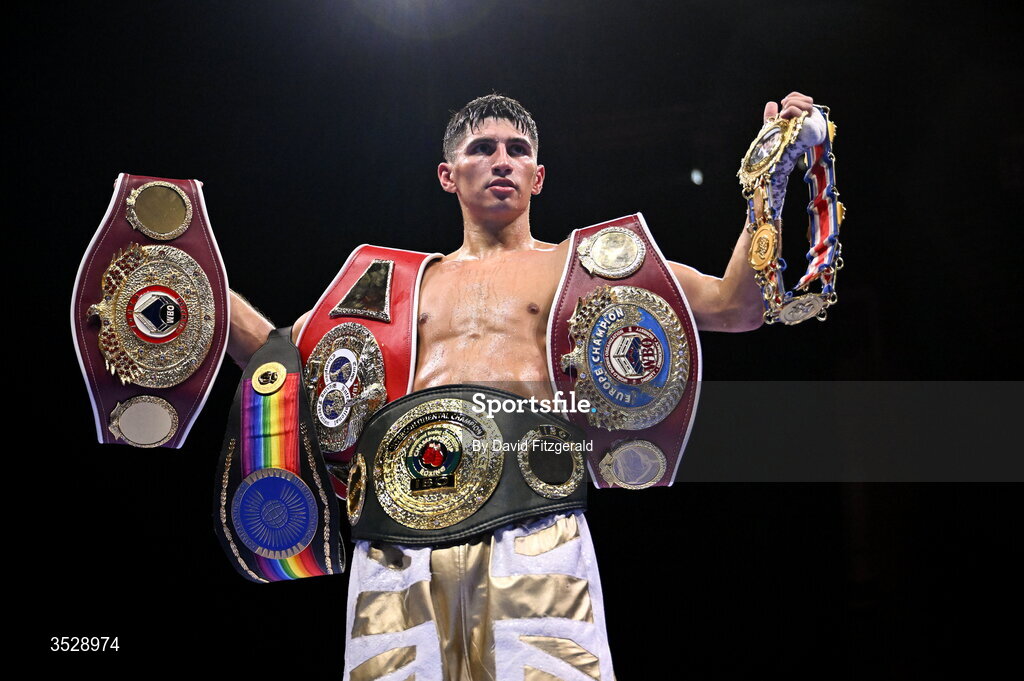 1 August 2026; Royston Barney Smith celebrates after being declared victorious over Reece Bellotti in their IBO Inter-Continental super featherweight title bout during the Boxing in Dublin event at the 3Arena in Dublin. Photo by David Fitzgerald/Sportsfile