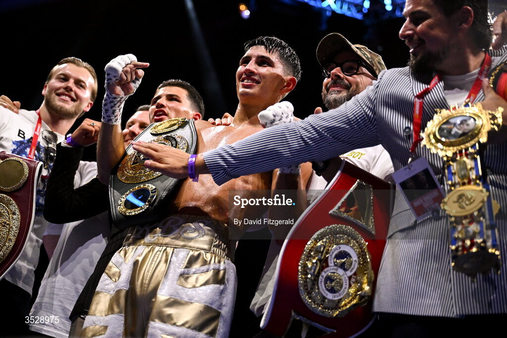 1 August 2026; Royston Barney Smith celebrates with his team after being declared victorious over Reece Bellotti in their IBO Inter-Continental super featherweight title bout during the Boxing in Dublin event at the 3Arena in Dublin. Photo by David Fitzgerald/Sportsfile