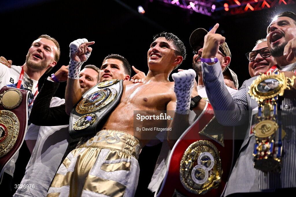 1 August 2026; Royston Barney Smith celebrates with his team after being declared victorious over Reece Bellotti in their IBO Inter-Continental super featherweight title bout during the Boxing in Dublin event at the 3Arena in Dublin. Photo by David Fitzgerald/Sportsfile