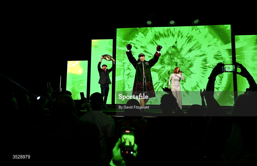 1 August 2026; Pierce O'Leary walks out before his IBO World Super Lightweight Title bout against Mark Chamberlain during the Boxing in Dublin event at the 3Arena in Dublin. Photo by David Fitzgerald/Sportsfile