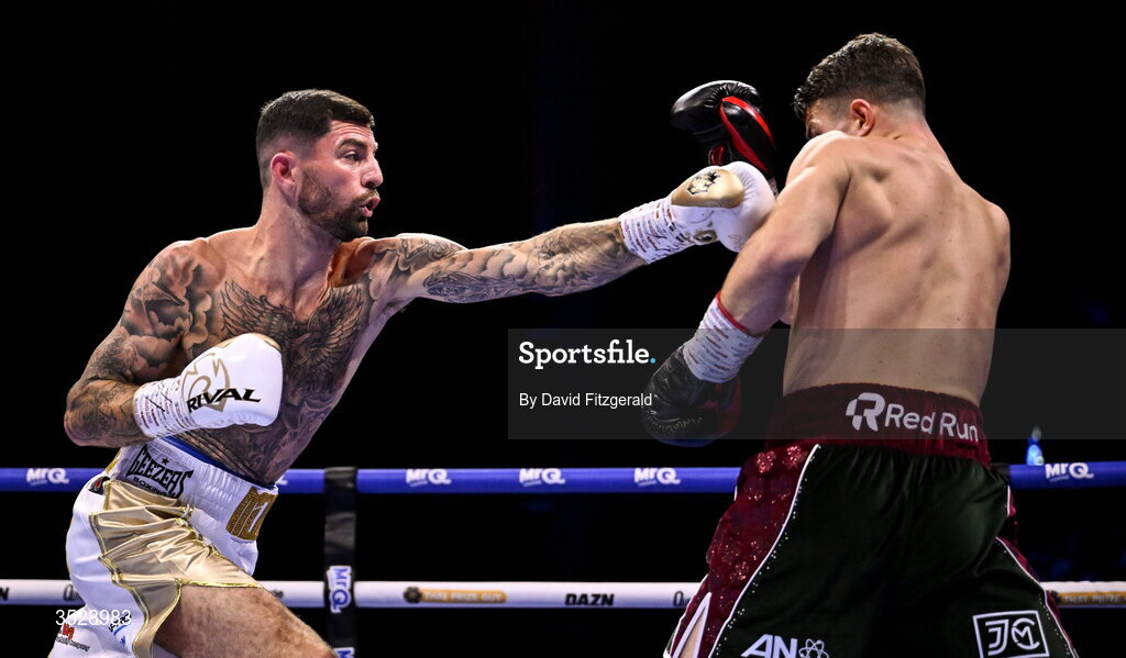 1 August 2026; Mark Chamberlain, left, in action against Pierce O'Leary during their IBO World Super Lightweight Title bout during the Boxing in Dublin event at the 3Arena in Dublin. Photo by David Fitzgerald/Sportsfile