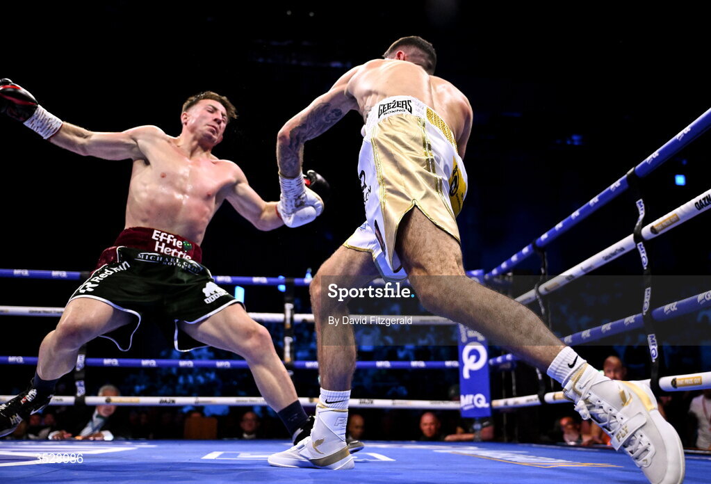 1 August 2026; Mark Chamberlain, right, knocks down Pierce O'Leary during their IBO World Super Lightweight Title bout during the Boxing in Dublin event at the 3Arena in Dublin. Photo by David Fitzgerald/Sportsfile