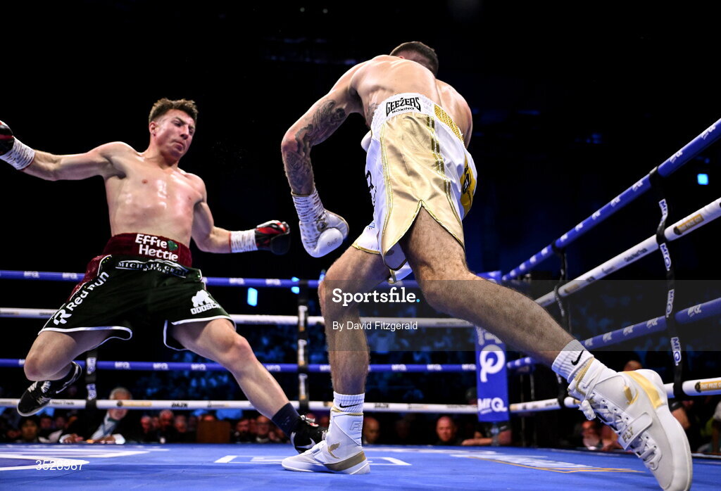 1 August 2026; Mark Chamberlain, right, knocks down Pierce O'Leary during their IBO World Super Lightweight Title bout during the Boxing in Dublin event at the 3Arena in Dublin. Photo by David Fitzgerald/Sportsfile