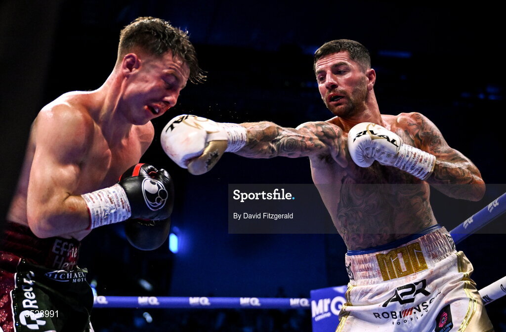 1 August 2026; Mark Chamberlain, right, in action against Pierce O'Leary during their IBO World Super Lightweight Title bout during the Boxing in Dublin event at the 3Arena in Dublin. Photo by David Fitzgerald/Sportsfile
