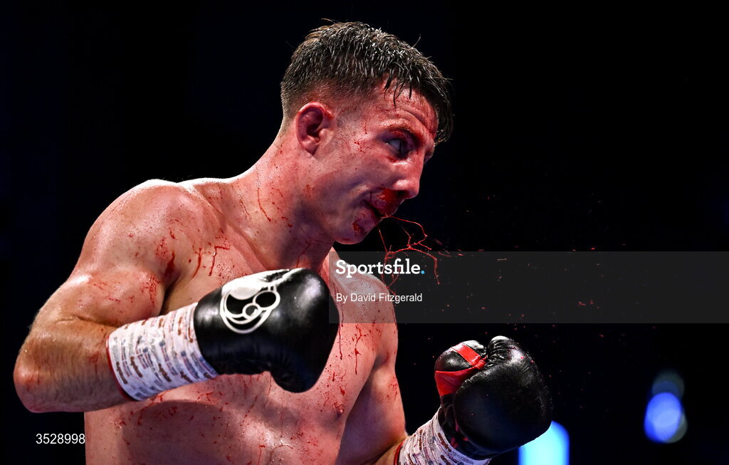 1 August 2026; (EDITORS NOTE: Image contains graphic content) Pierce O'Leary during his IBO World Super Lightweight Title bout against Mark Chamberlain during the Boxing in Dublin event at the 3Arena in Dublin. Photo by David Fitzgerald/Sportsfile