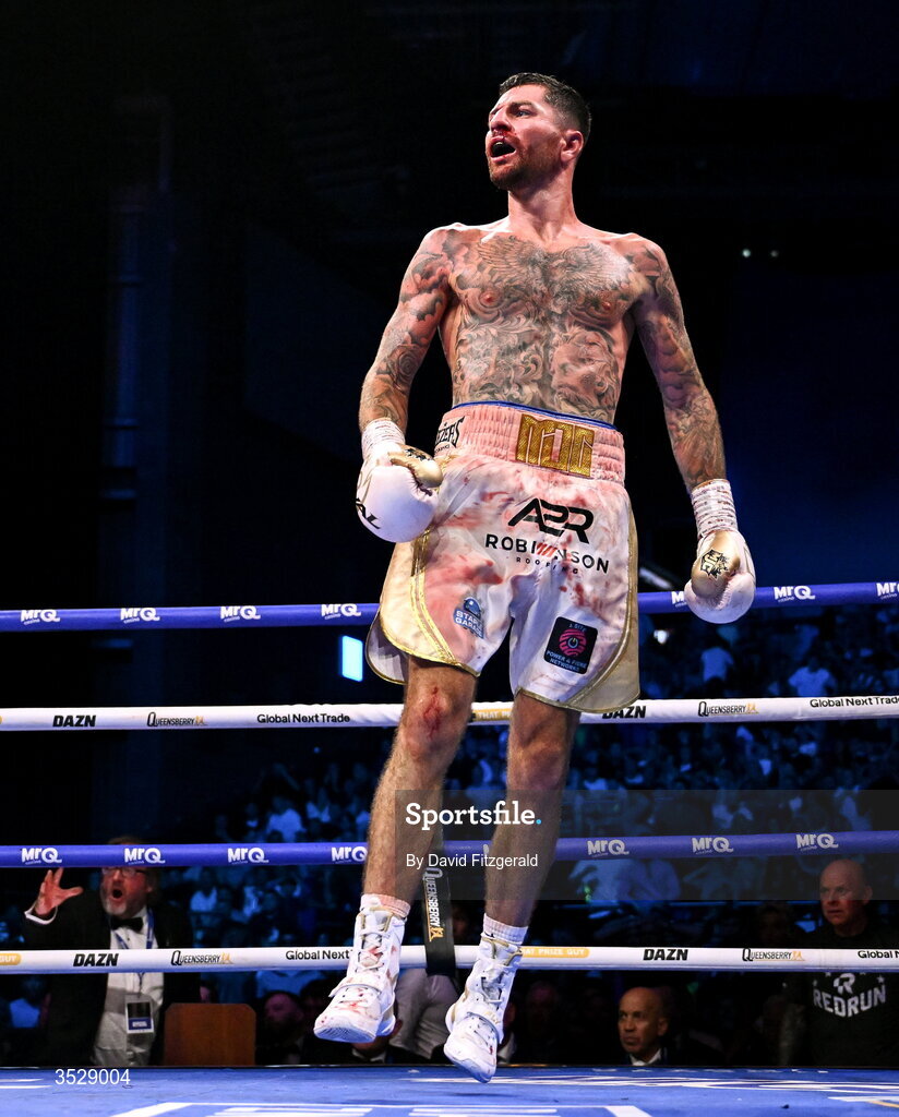 1 August 2026; Mark Chamberlain celebrates after winning his IBO World Super Lightweight Title bout against Pierce O'Leary during the Boxing in Dublin event at the 3Arena in Dublin. Photo by David Fitzgerald/Sportsfile