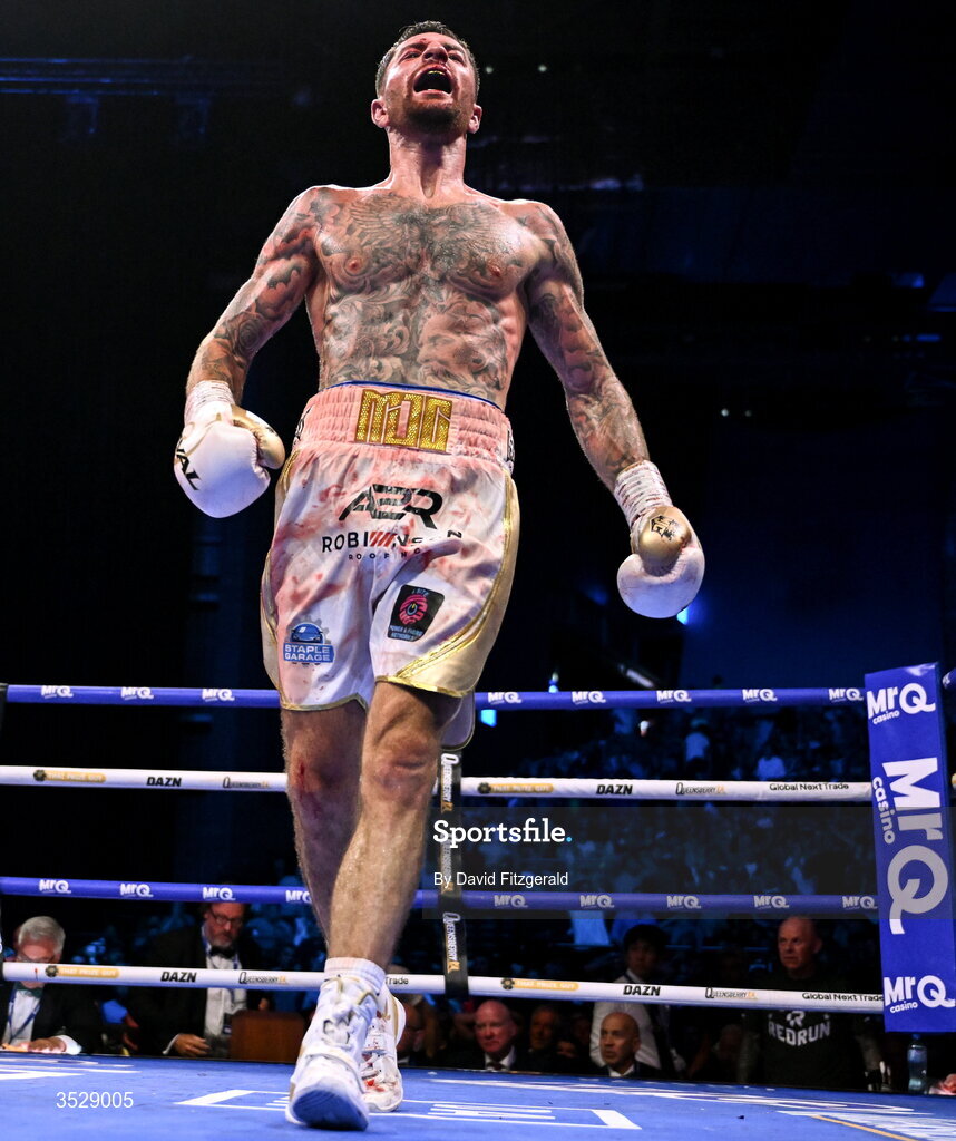 1 August 2026; Mark Chamberlain celebrates after winning his IBO World Super Lightweight Title bout against Pierce O'Leary during the Boxing in Dublin event at the 3Arena in Dublin. Photo by David Fitzgerald/Sportsfile