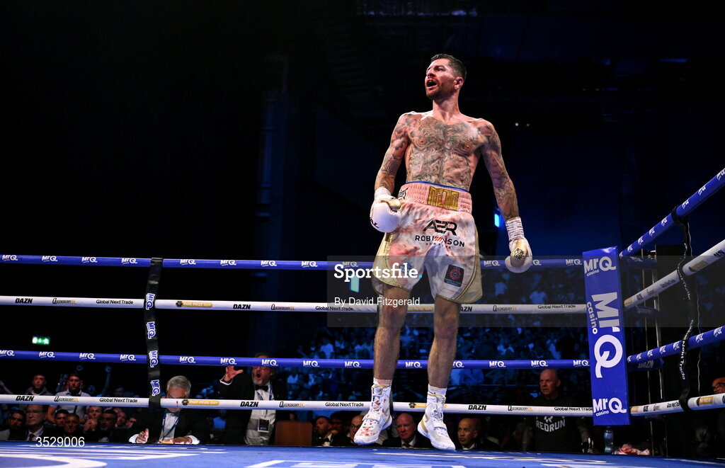 1 August 2026; Mark Chamberlain celebrates after winning his IBO World Super Lightweight Title bout against Pierce O'Leary during the Boxing in Dublin event at the 3Arena in Dublin. Photo by David Fitzgerald/Sportsfile