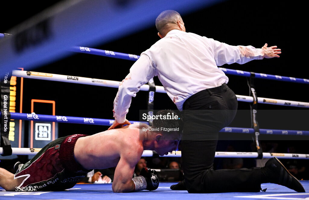 1 August 2026; Pierce O'Leary after being knocked down by Mark Chamberlain in their IBO World Super Lightweight Title bout during the Boxing in Dublin event at the 3Arena in Dublin. Photo by David Fitzgerald/Sportsfile