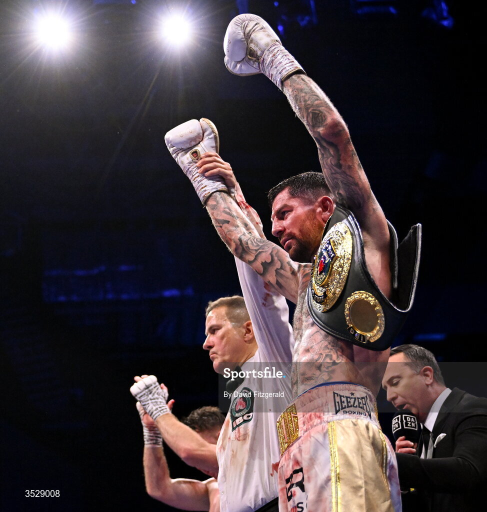 1 August 2026; Mark Chamberlain celebrates after being declared victorious over Pierce O'Leary in their IBO World Super Lightweight Title bout during the Boxing in Dublin event at the 3Arena in Dublin. Photo by David Fitzgerald/Sportsfile