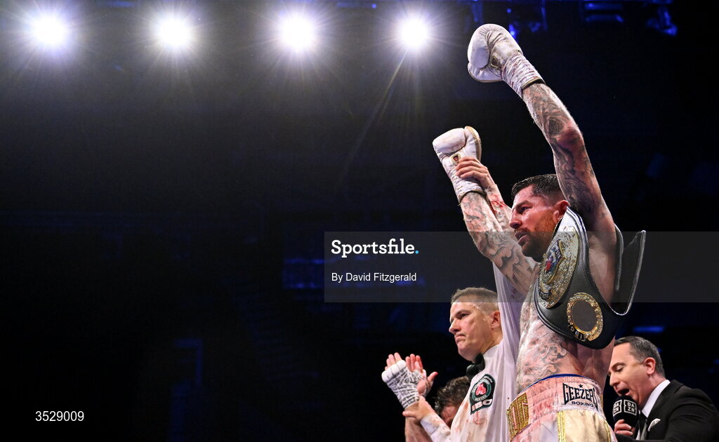 1 August 2026; Mark Chamberlain celebrates after being declared victorious over Pierce O'Leary in their IBO World Super Lightweight Title bout during the Boxing in Dublin event at the 3Arena in Dublin. Photo by David Fitzgerald/Sportsfile
