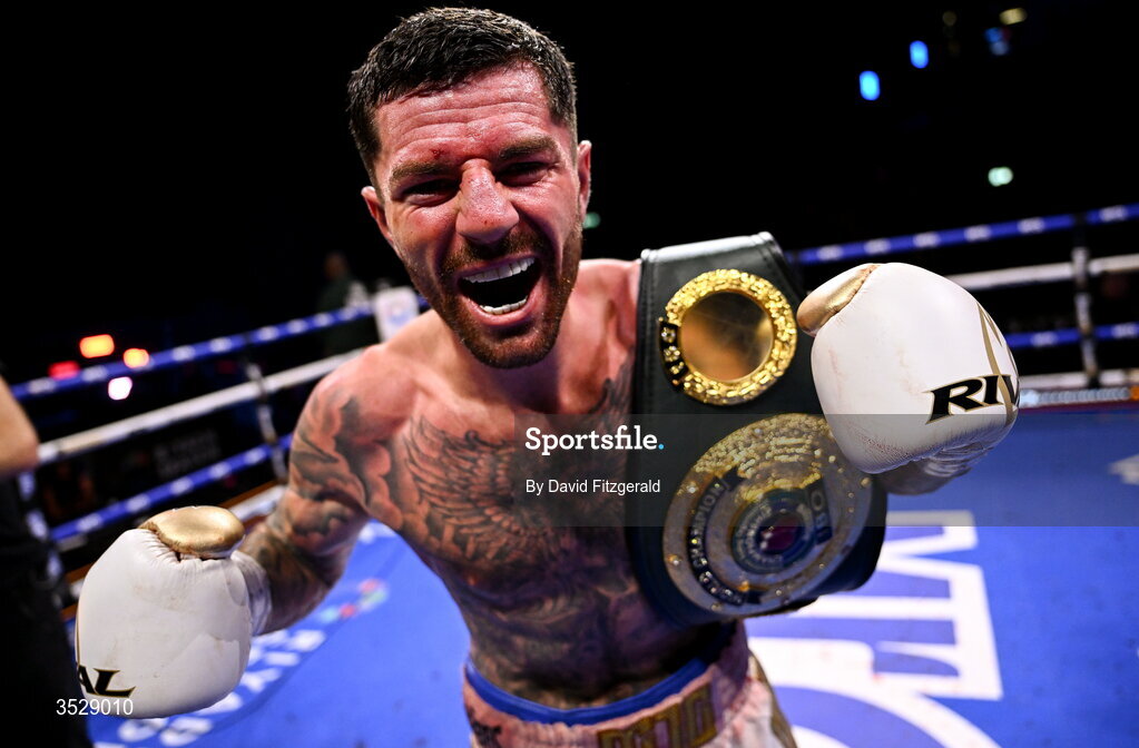 1 August 2026; Mark Chamberlain celebrates after being declared victorious over Pierce O'Leary in their IBO World Super Lightweight Title bout during the Boxing in Dublin event at the 3Arena in Dublin. Photo by David Fitzgerald/Sportsfile