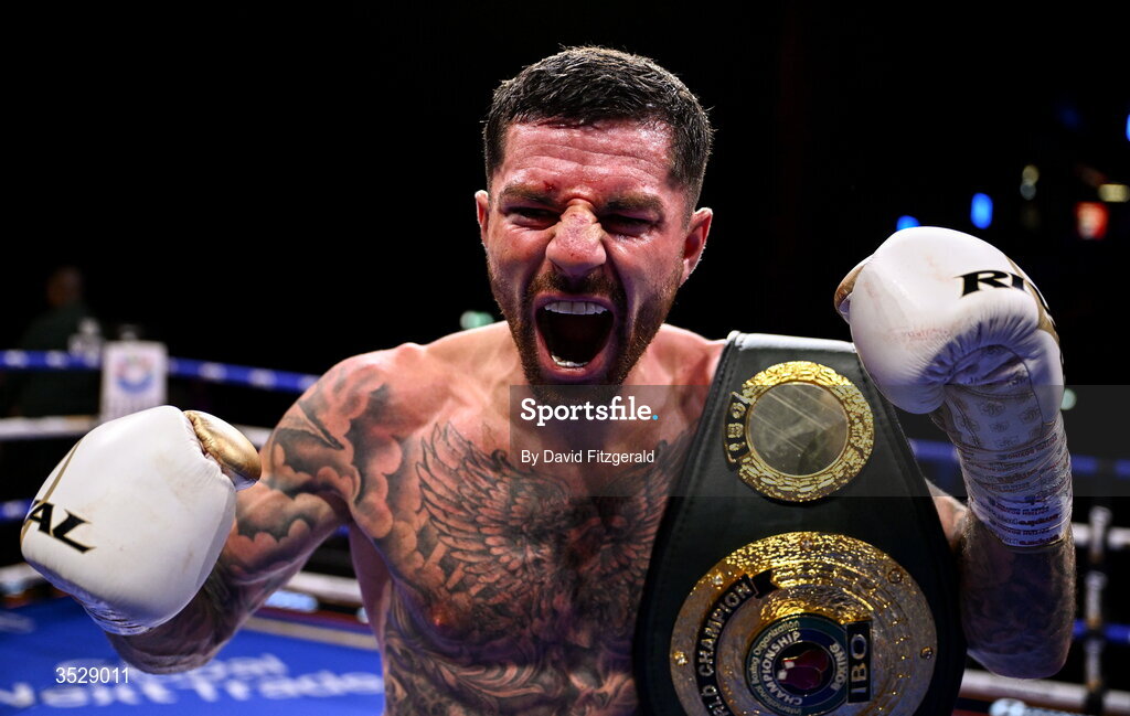 1 August 2026; Mark Chamberlain celebrates after being declared victorious over Pierce O'Leary in their IBO World Super Lightweight Title bout during the Boxing in Dublin event at the 3Arena in Dublin. Photo by David Fitzgerald/Sportsfile