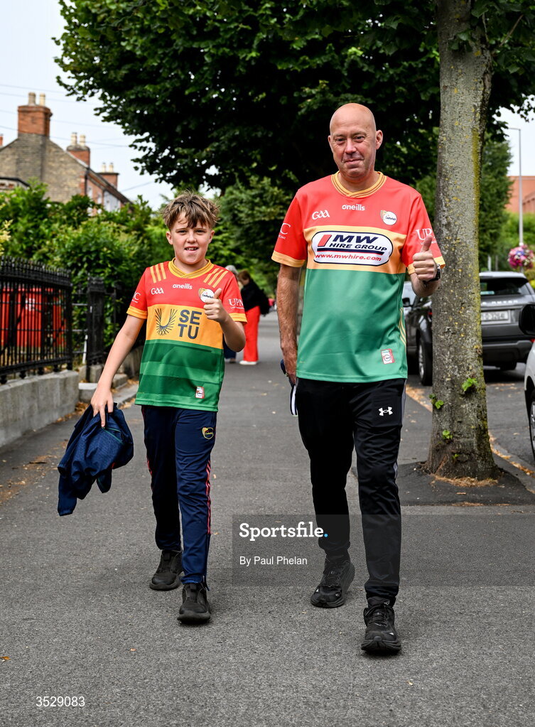 2 August 2026; Carlow supporters Aidan Maher, right, and his son Connor, aged 10, from Grange before the LGFA TG4 All-Ireland Junior Championship final match between Antrim and Carlow at Croke Park in Dublin. Photo by Paul Phelan/Sportsfile