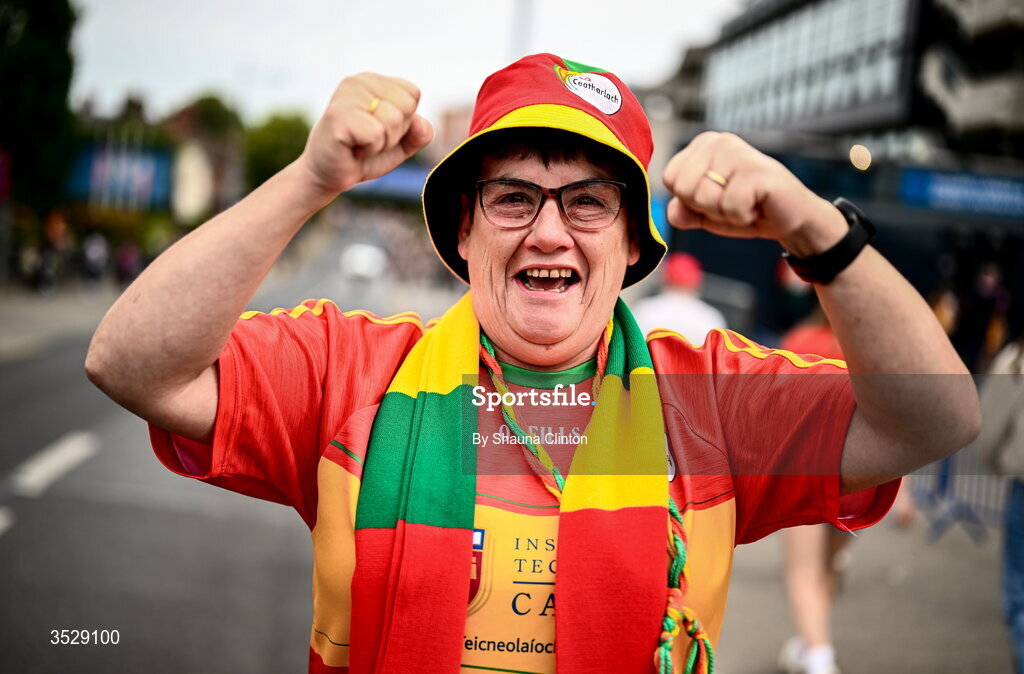 2 August 2026; Carlow supporter Elaine Moore ahead of the LGFA TG4 All-Ireland Junior Championship final match between Antrim and Carlow at Croke Park in Dublin. Photo by Shauna Clinton/Sportsfile