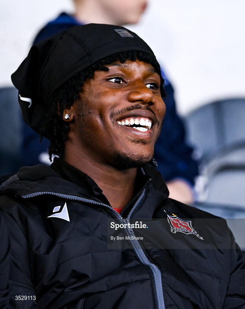 31 July 2026; Former Dundalk and current Burton Albion player Gbemi Arubi in attendance during the SSE Airtricity Premier Division match between Dundalk and Sligo Rovers at Oriel Park in Dundalk, Louth. Photo by Ben McShane/Sportsfile