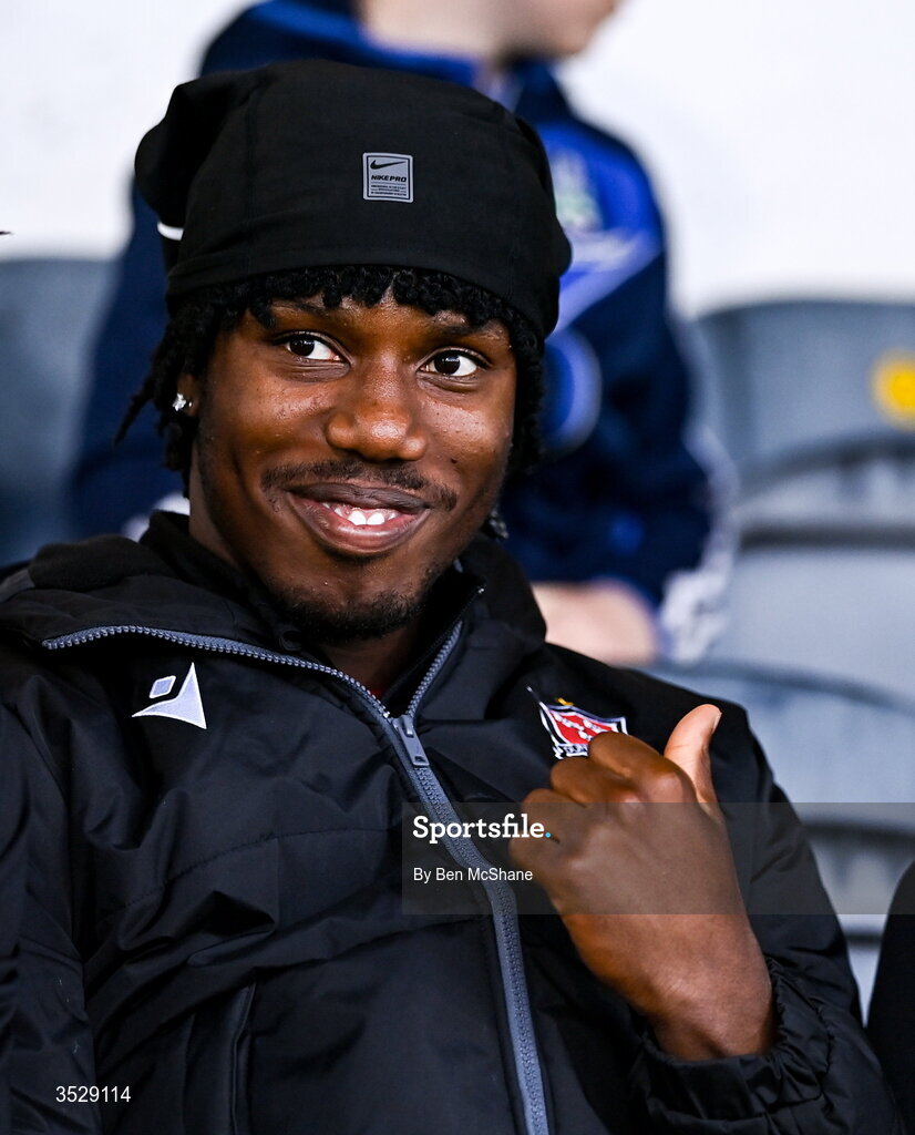 31 July 2026; Former Dundalk and current Burton Albion player Gbemi Arubi in attendance during the SSE Airtricity Premier Division match between Dundalk and Sligo Rovers at Oriel Park in Dundalk, Louth. Photo by Ben McShane/Sportsfile