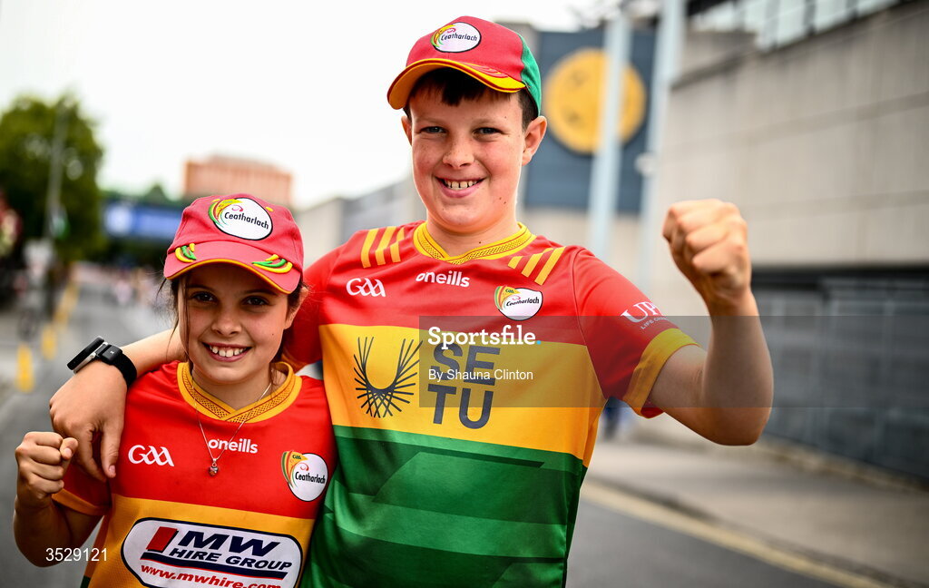 2 August 2026; Carlow supporters Aisling, left, and Diarmuid Maguire ahead of the LGFA TG4 All-Ireland Junior Championship final match between Antrim and Carlow at Croke Park in Dublin. Photo by Shauna Clinton/Sportsfile