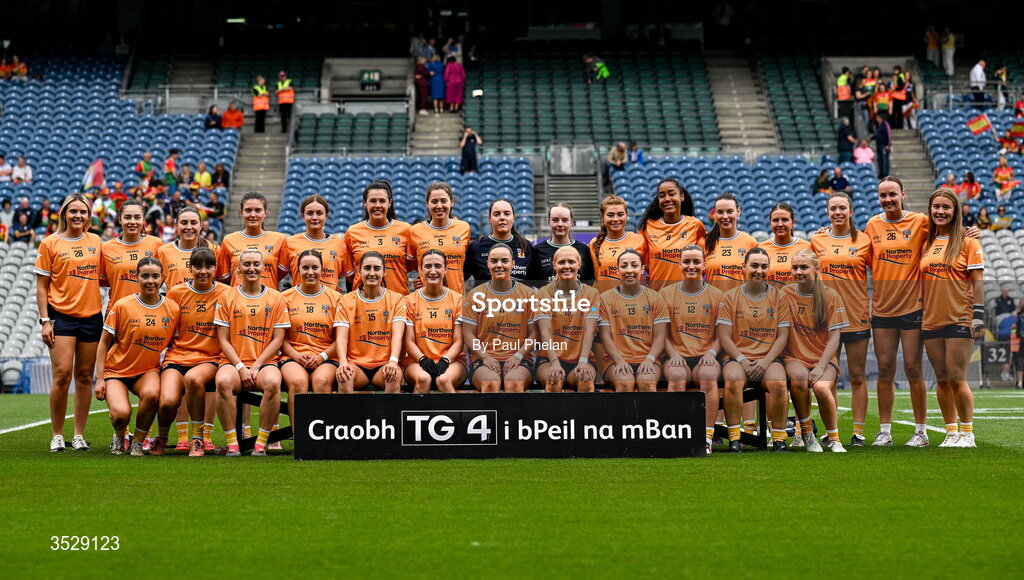 2 August 2026; The Antrim squad before the LGFA TG4 All-Ireland Junior Championship final match between Antrim and Carlow at Croke Park in Dublin. Photo by Paul Phelan/Sportsfile