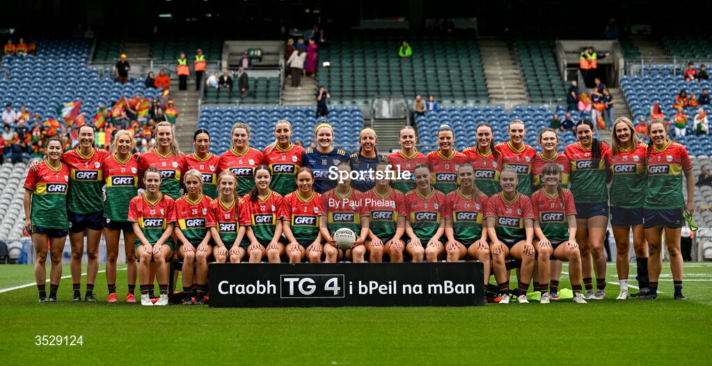 2 August 2026; The Carlow squad before the LGFA TG4 All-Ireland Junior Championship final match between Antrim and Carlow at Croke Park in Dublin. Photo by Paul Phelan/Sportsfile