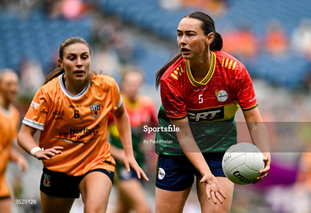 2 August 2026; Aoibhín Webb of Carlow in action against Dúana Coleman of Antrim during the LGFA TG4 All-Ireland Junior Championship final match between Antrim and Carlow at Croke Park in Dublin. Photo by Paul Phelan/Sportsfile